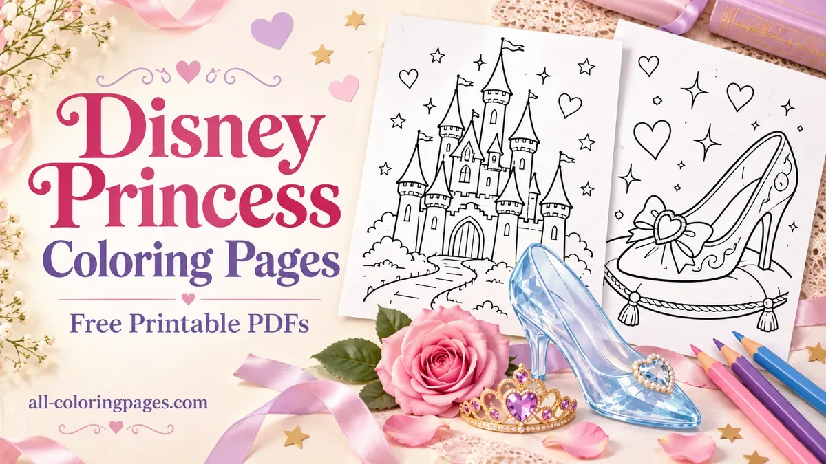 Disney Princess coloring pages banner with castle and glass slipper line art, a blue slipper, pink rose and colored pencils.