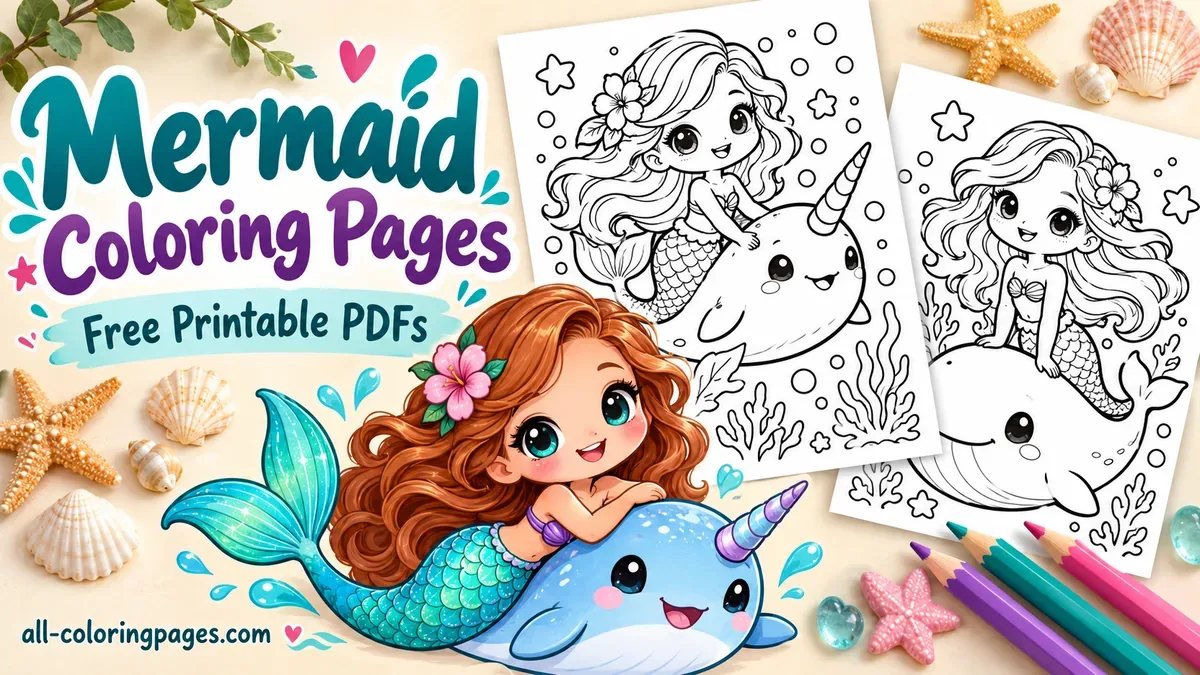 Mermaid coloring pages with cute mermaids riding a narwhal and whale, turquoise tails, seashells and colored pencils.