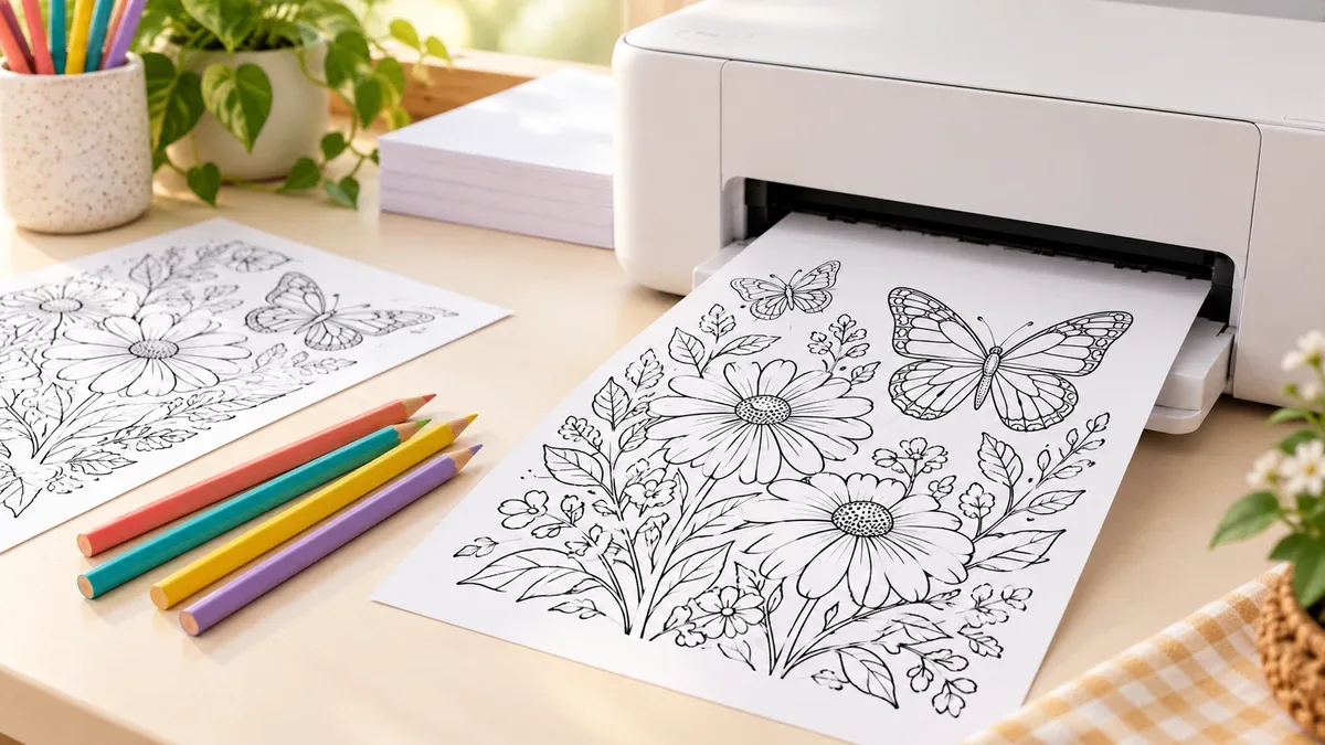Home printer producing a flower and butterfly coloring page beside colored pencils