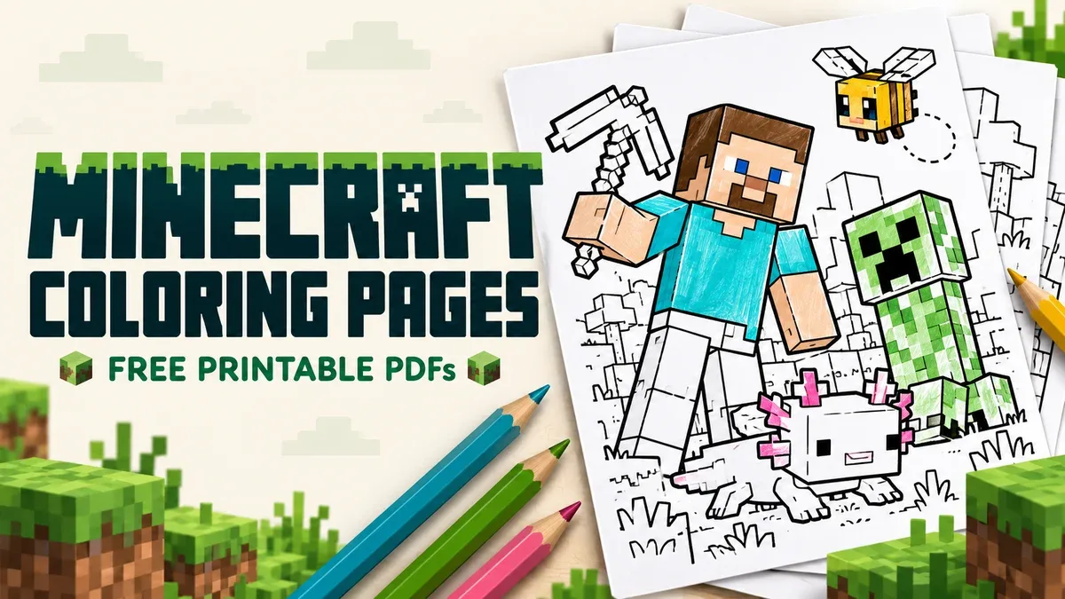 Minecraft coloring pages featuring Steve, a Creeper, an axolotl and a bee with colored pencils