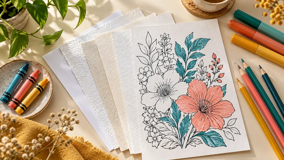 Textured paper samples with a partly colored flower drawing, pencils, crayons and markers
