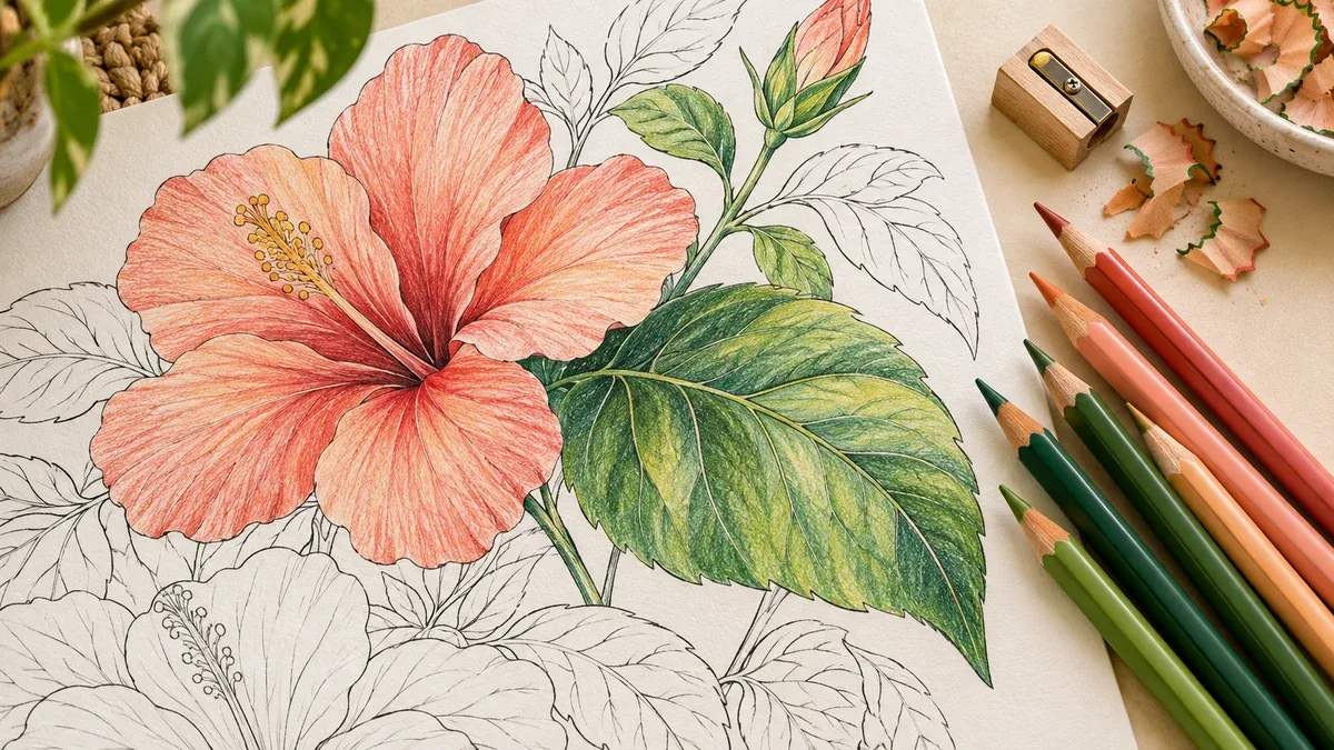 Layered colored pencil shading on a flower and green leaf beside sharpened pencils