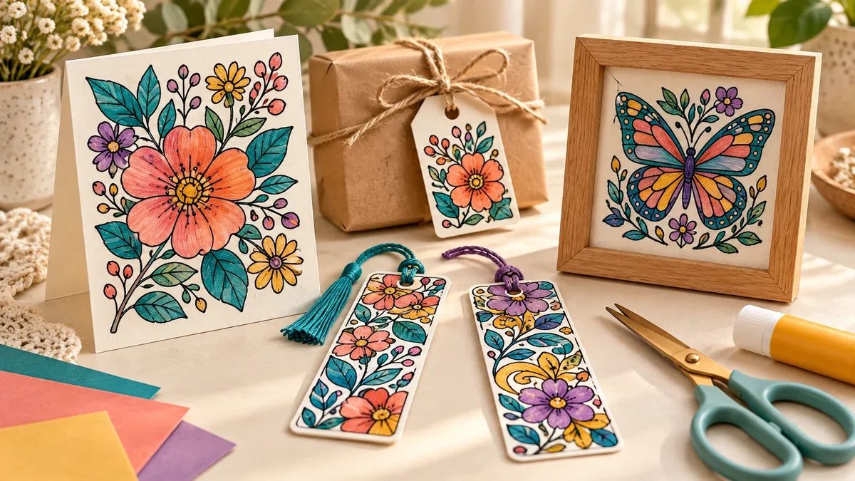 Finished coloring pages made into a greeting card, bookmarks, gift tag and framed butterfly