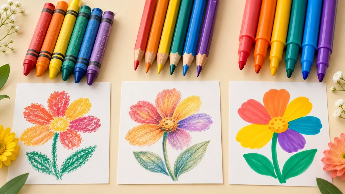 Crayons, colored pencils and markers beside flower drawings showing their different textures
