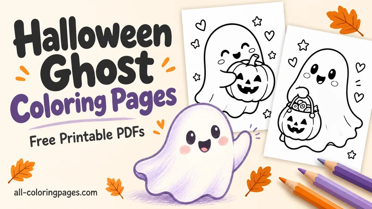 Halloween ghost coloring pages with friendly ghosts, a pumpkin, a candy bucket and purple colored pencils.