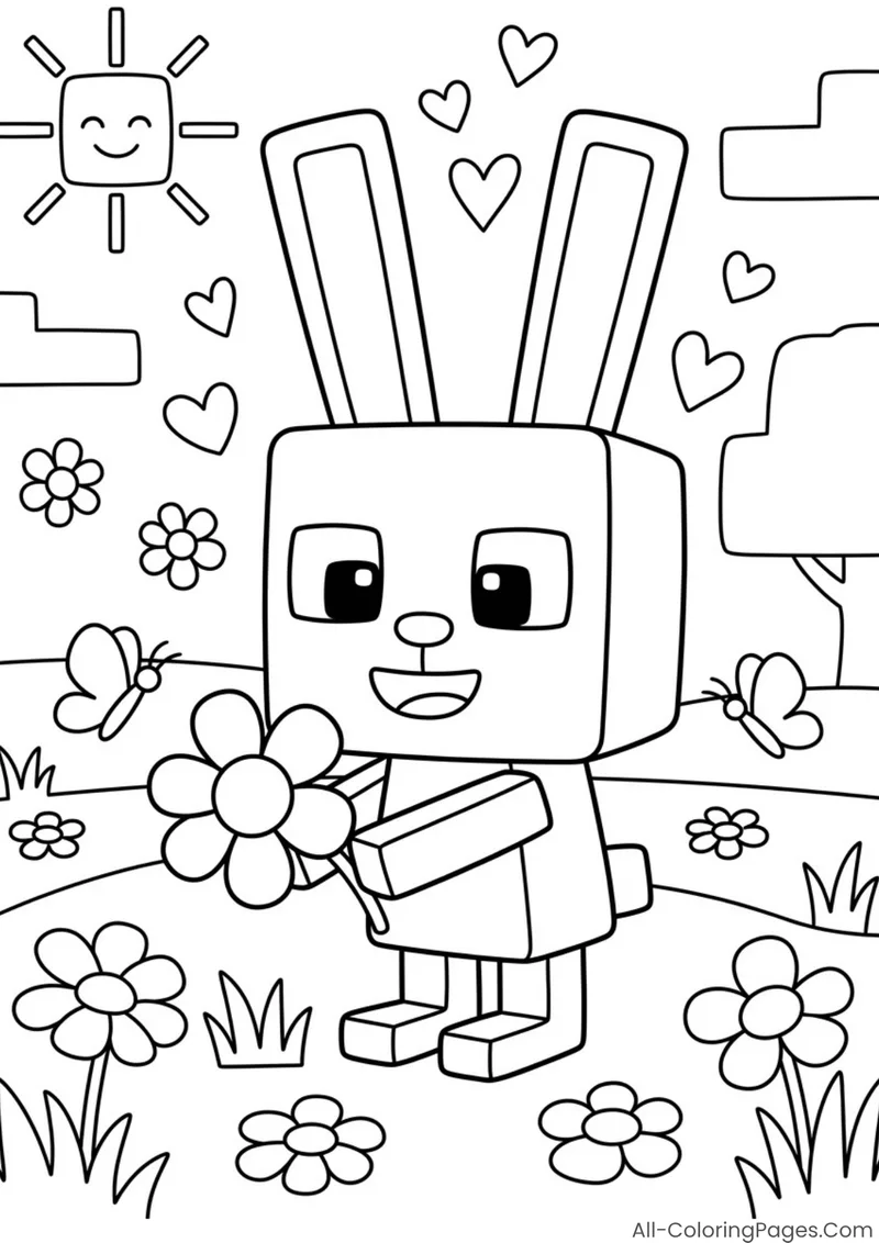 A blocky rabbit holding a flower in a sunny garden