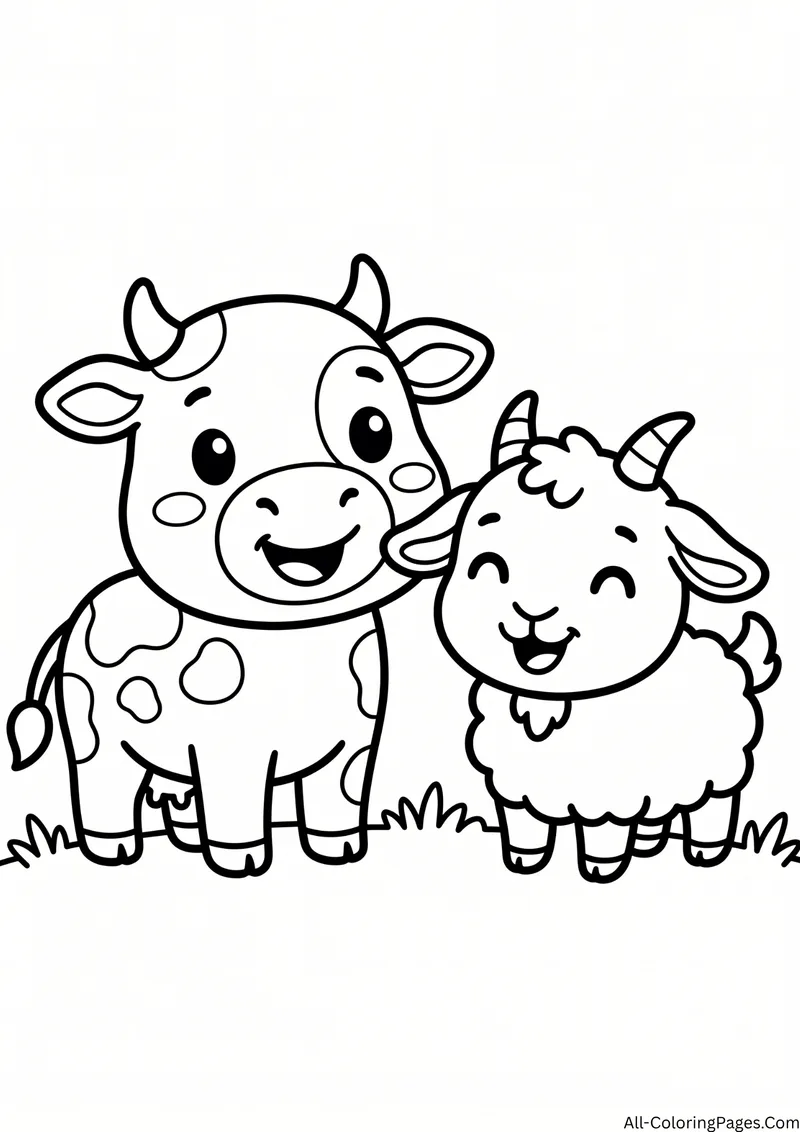 Smiling cow standing beside a happy goat on the grass