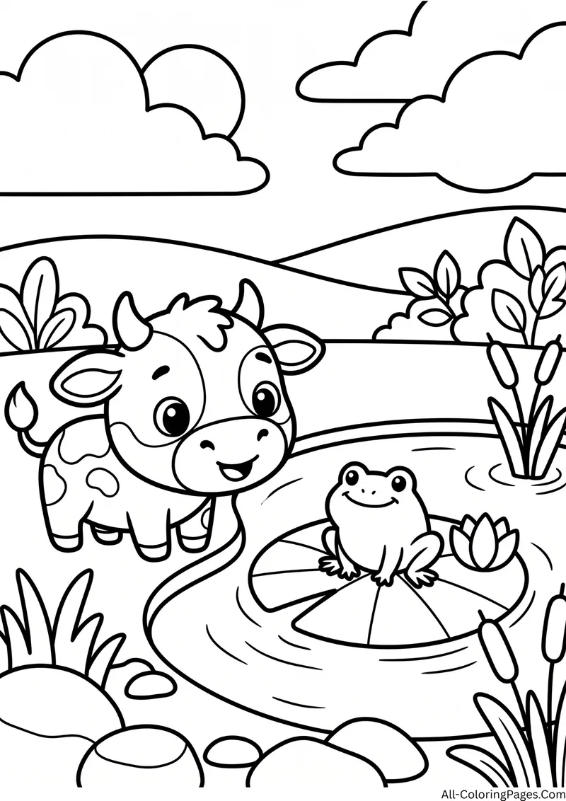 Cow standing beside a pond looking at a frog on a lily pad with cattails, hills and clouds