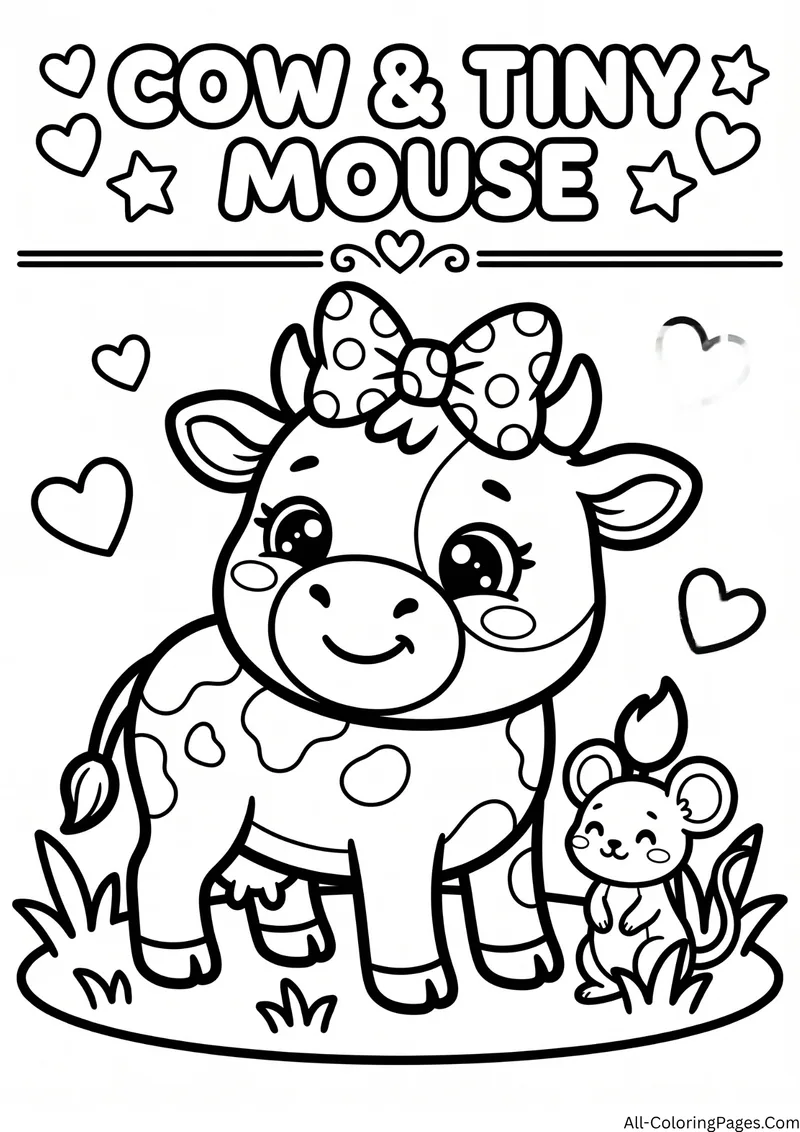 Cow with a bow on her head smiling at a small mouse among hearts, with the title Cow and Tiny Mouse