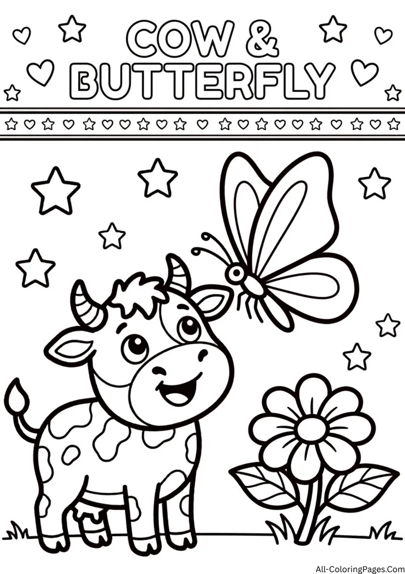 Cow looking up at a butterfly beside a large flower with stars, with the title Cow and Butterfly
