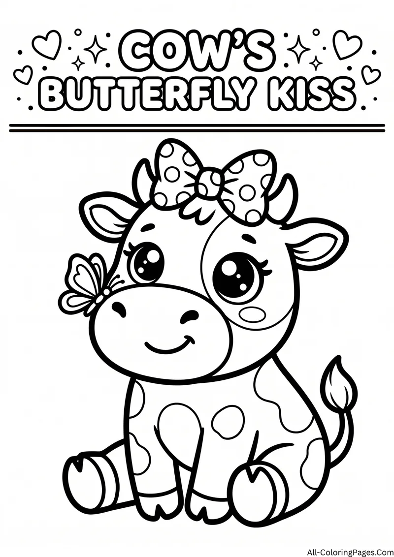 Cow with a polka dot bow and a butterfly near her cheek, with the title Cow's Butterfly Kiss