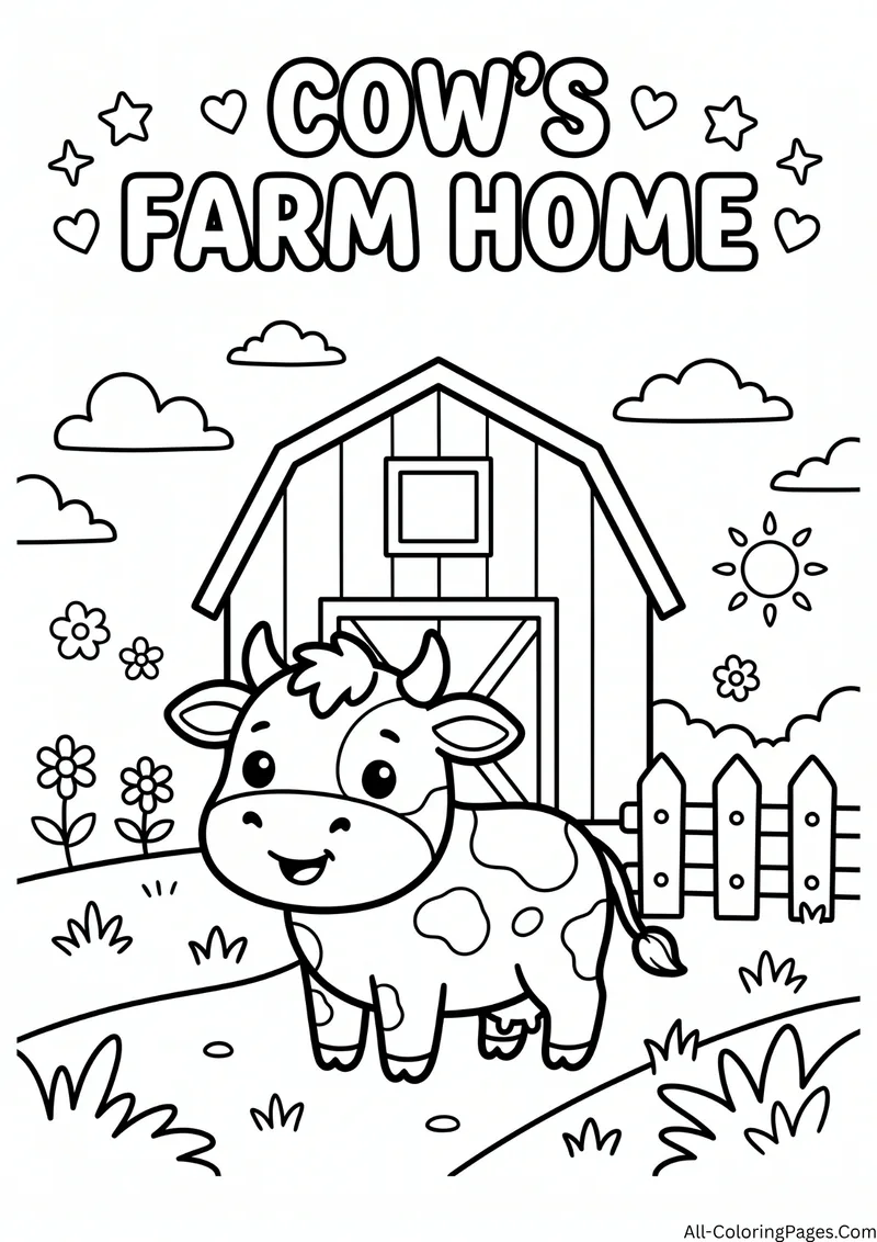 Cow standing in front of a barn with a fence, flowers, clouds and a sun, with the title Cow's Farm Home
