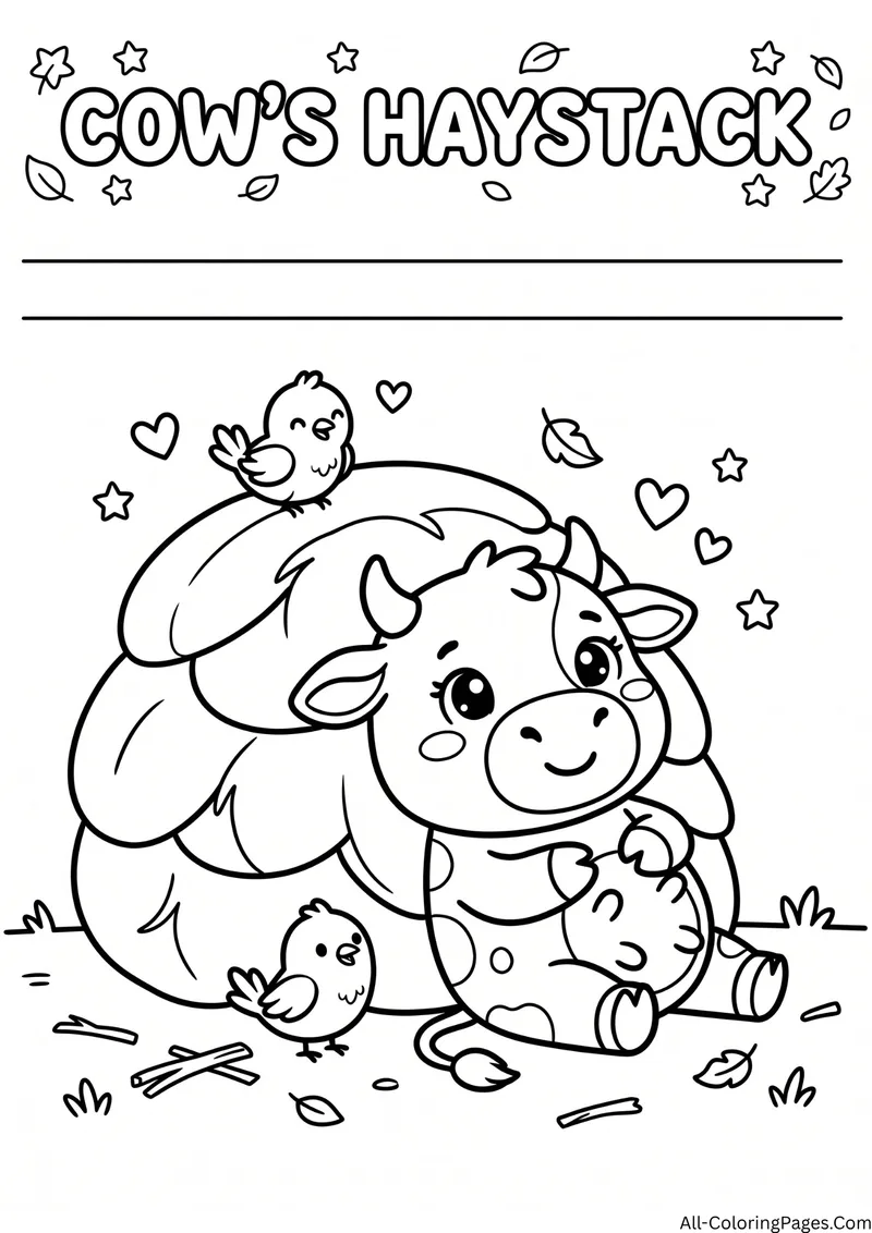 Cow sitting beside a haystack with two small chicks and leaves, with the title Cow's Haystack