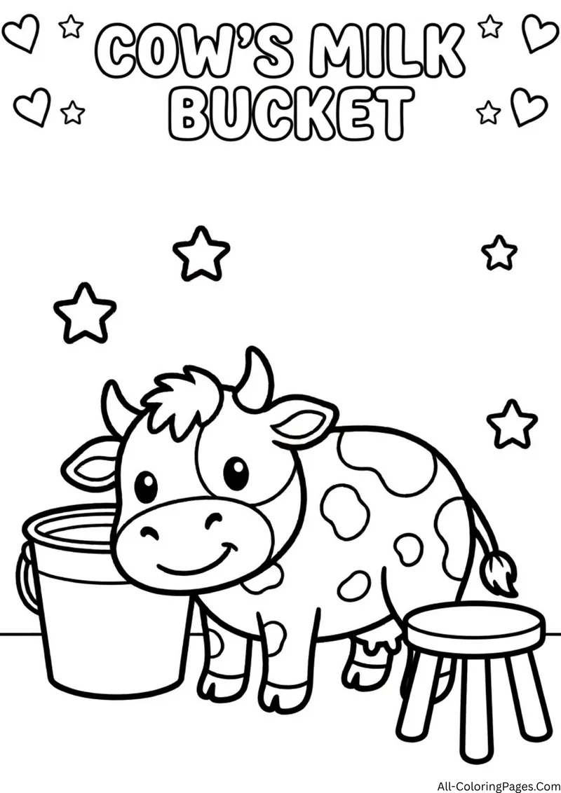 Spotted cow standing beside a milk bucket and a wooden stool with stars, with the title Cow's Milk Bucket
