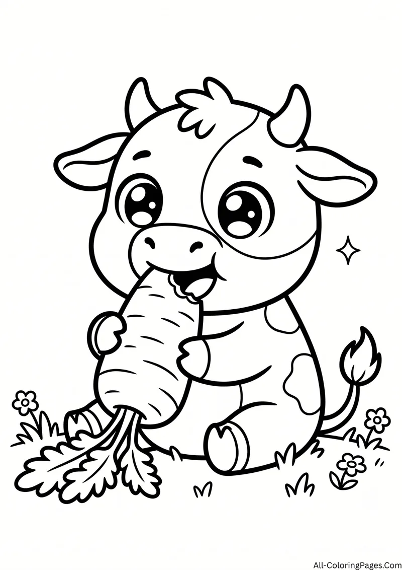 Cow biting into a large carrot with leafy greens and flowers