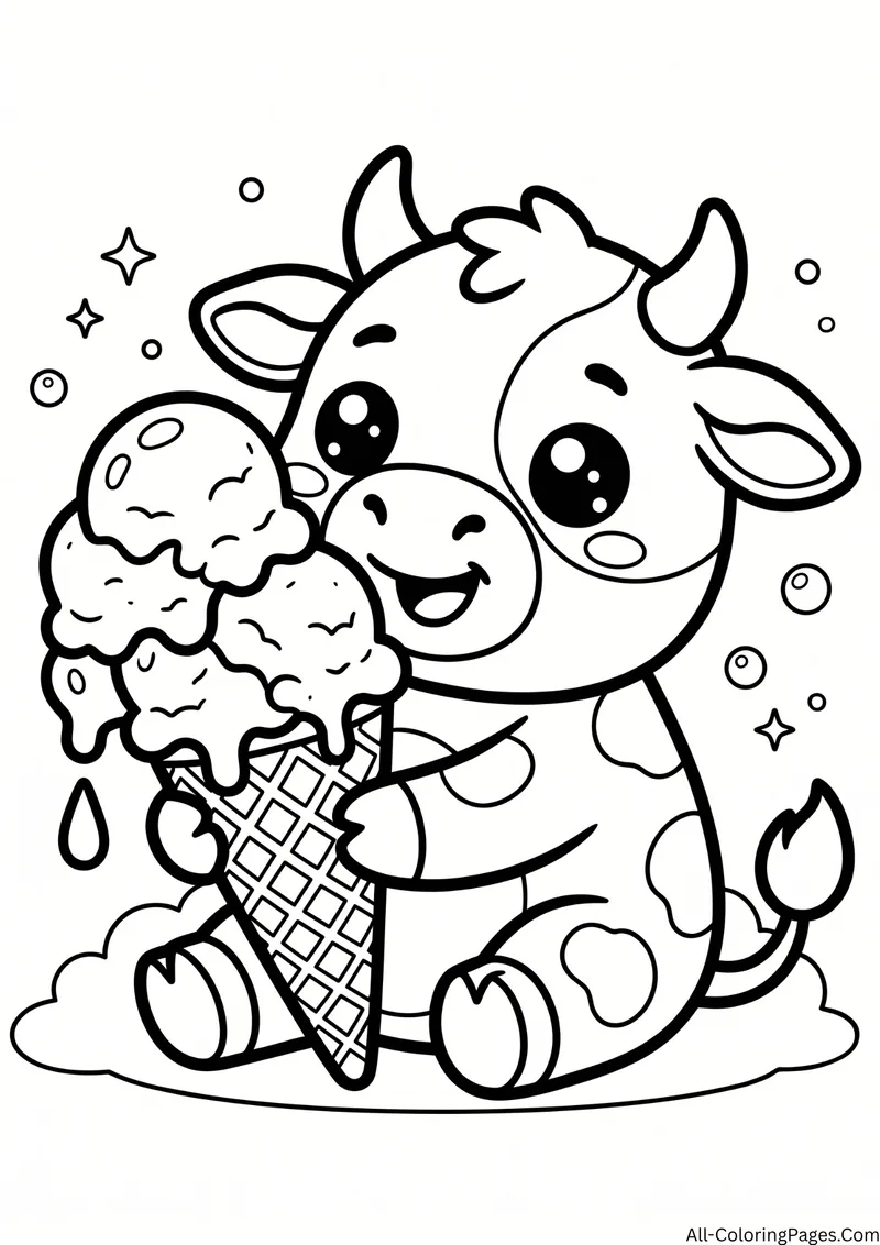 Smiling cow hugging a waffle cone with two scoops of ice cream