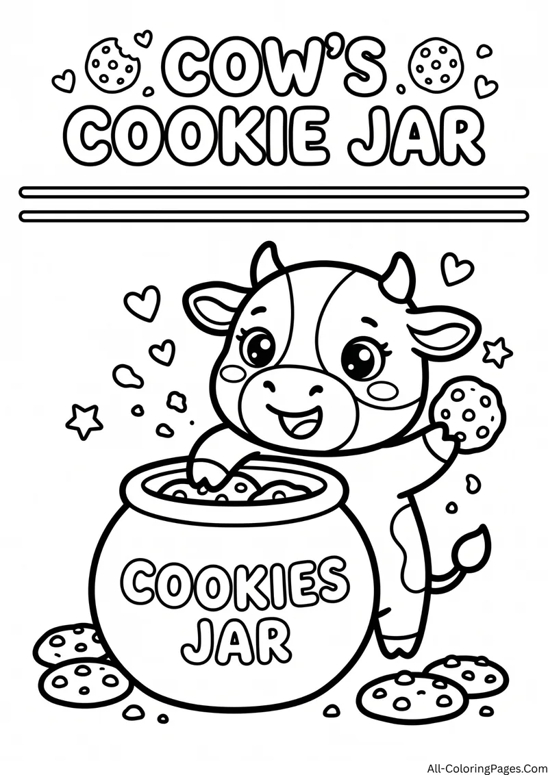 Cow reaching into a cookie jar and holding a cookie with crumbs around, with the title Cow's Cookie Jar