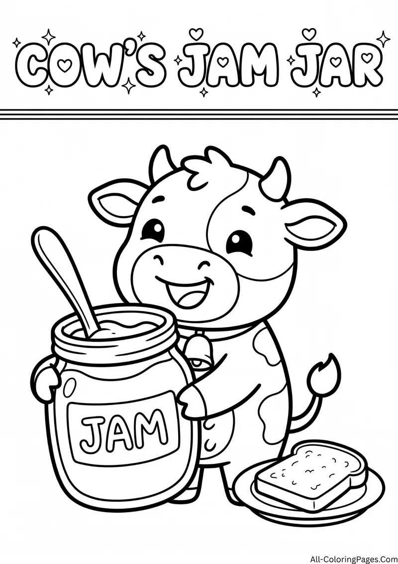 Cow holding a jar of jam with a spoon beside a slice of toast, with the title Cow's Jam Jar