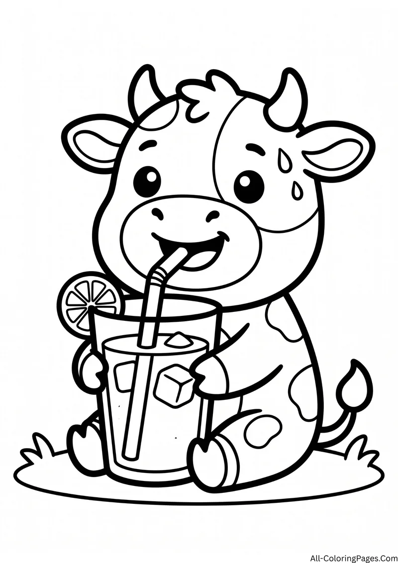 Cow drinking from a tall glass of lemonade with ice cubes, a straw and a lemon slice