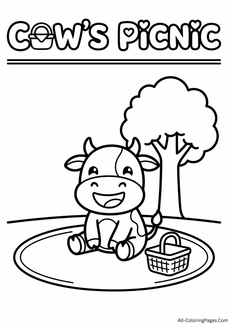 Cow sitting on a picnic blanket beside a basket under a tree, with the title Cow's Picnic