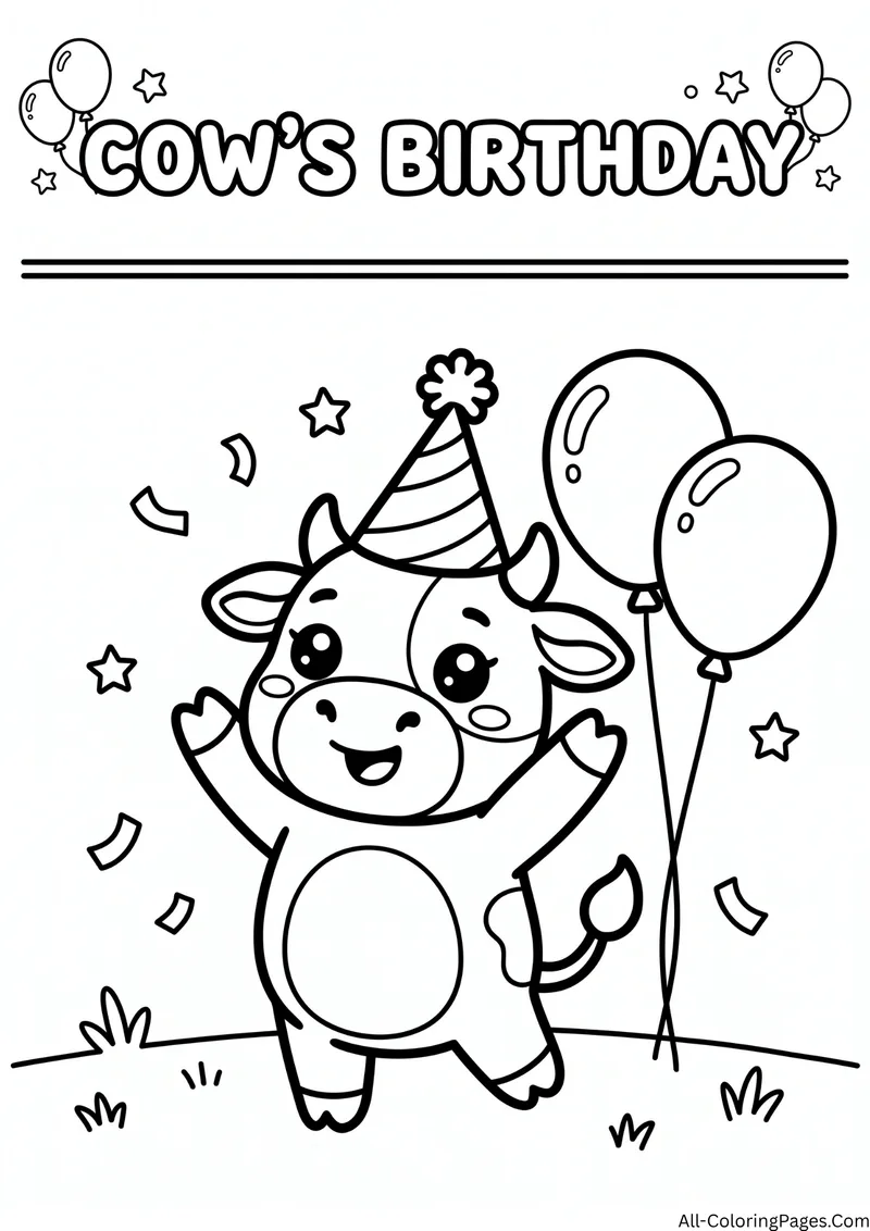 Cow wearing a party hat with balloons and confetti, with the title Cow's Birthday