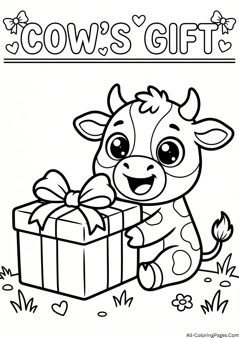 Cow hugging a large gift box with a bow, with the title Cow's Gift