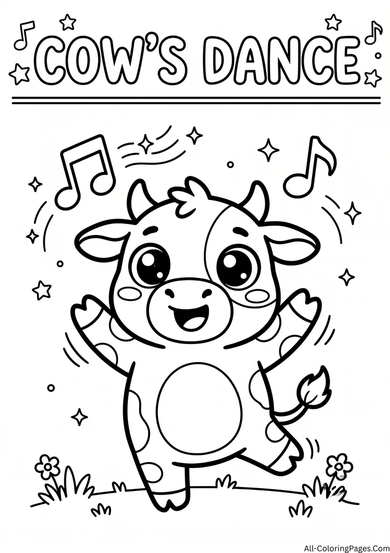 Cow dancing with music notes and sparkles around it, with the title Cow's Dance