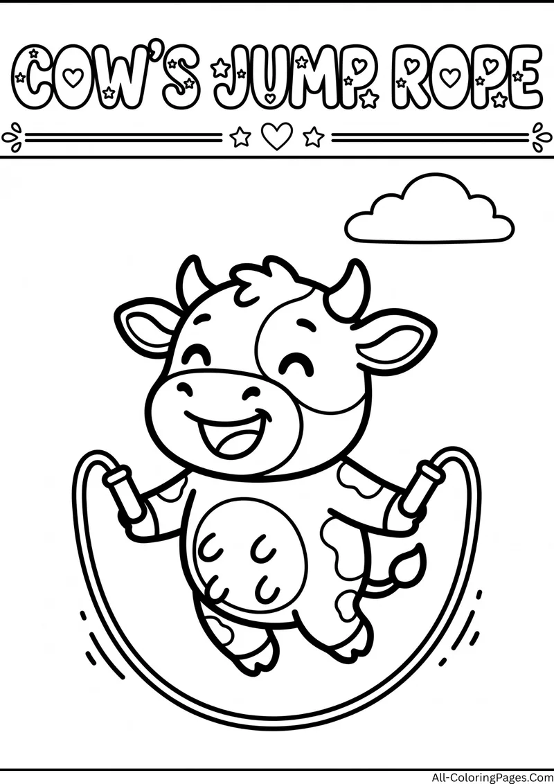 Cow jumping rope under a small cloud, with the title Cow's Jump Rope