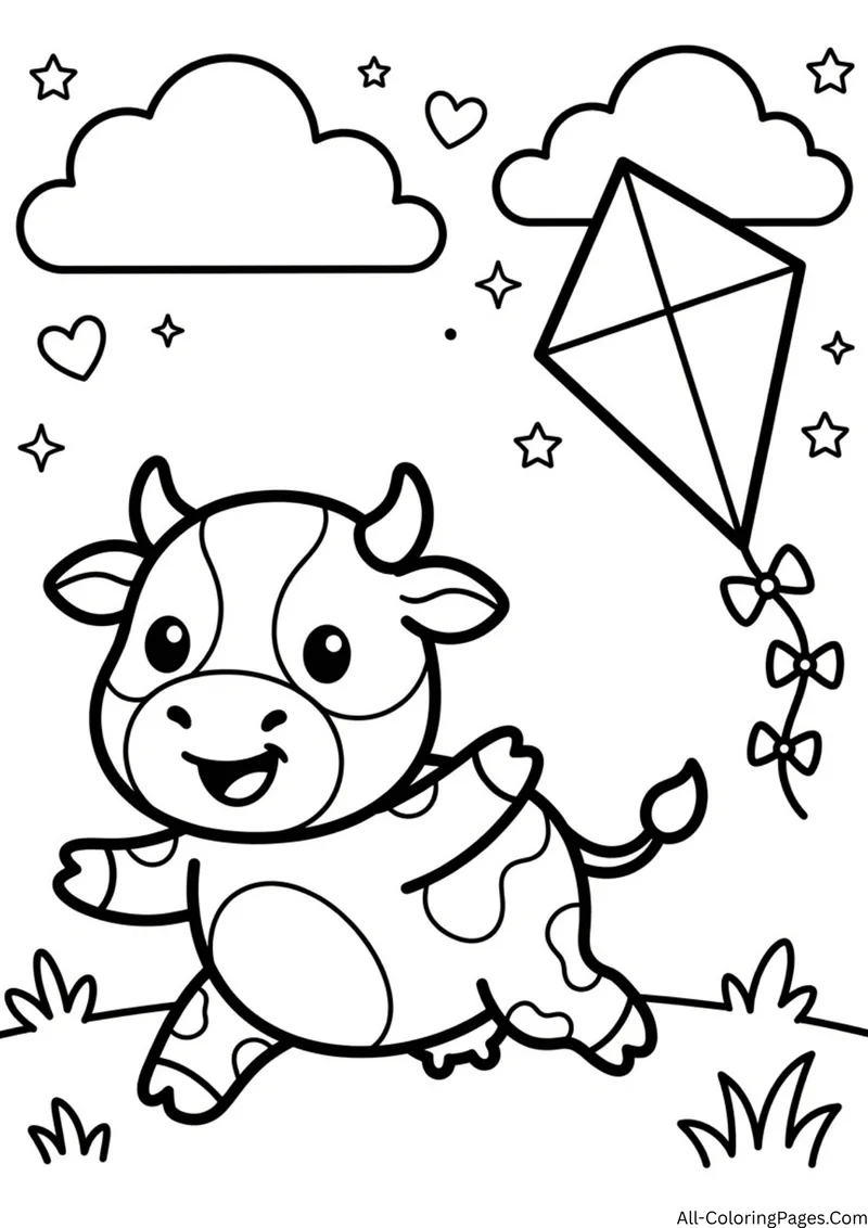Cow running in a field while flying a kite among clouds and hearts