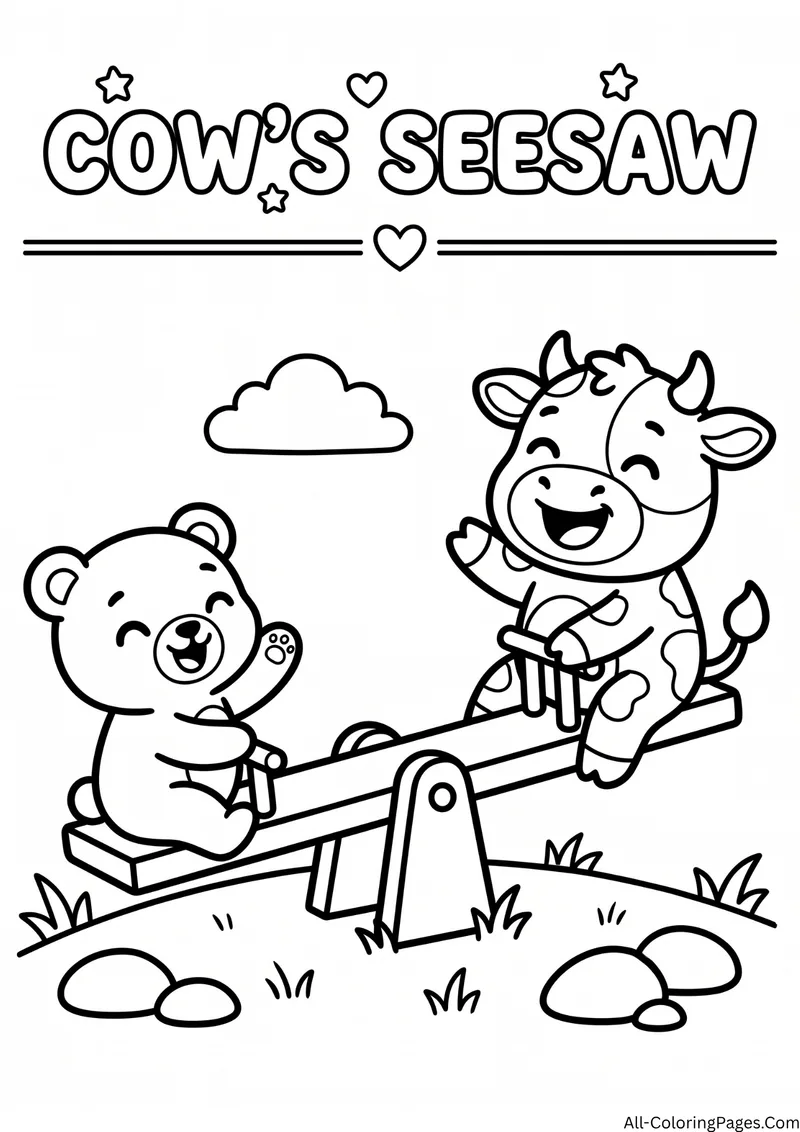 Cow and a teddy bear riding a seesaw in a park, with the title Cow's Seesaw