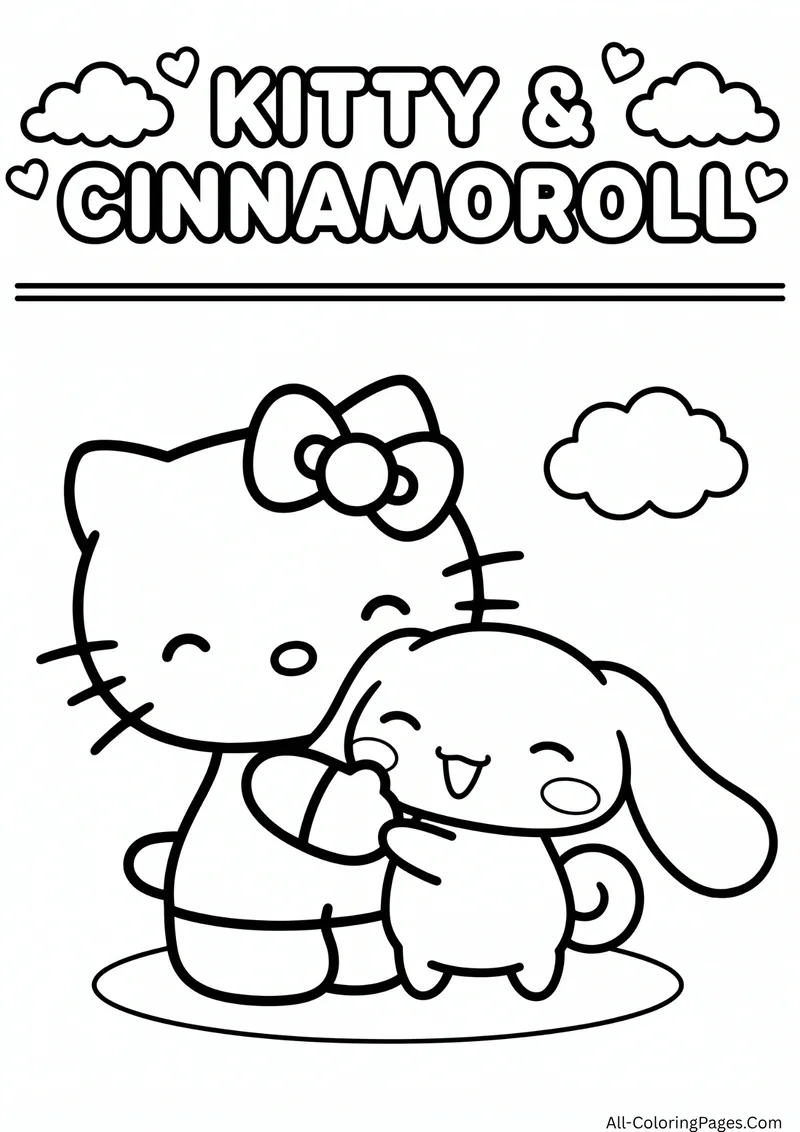 Hello Kitty hugging Cinnamoroll, the white puppy with long ears, beneath a small cloud