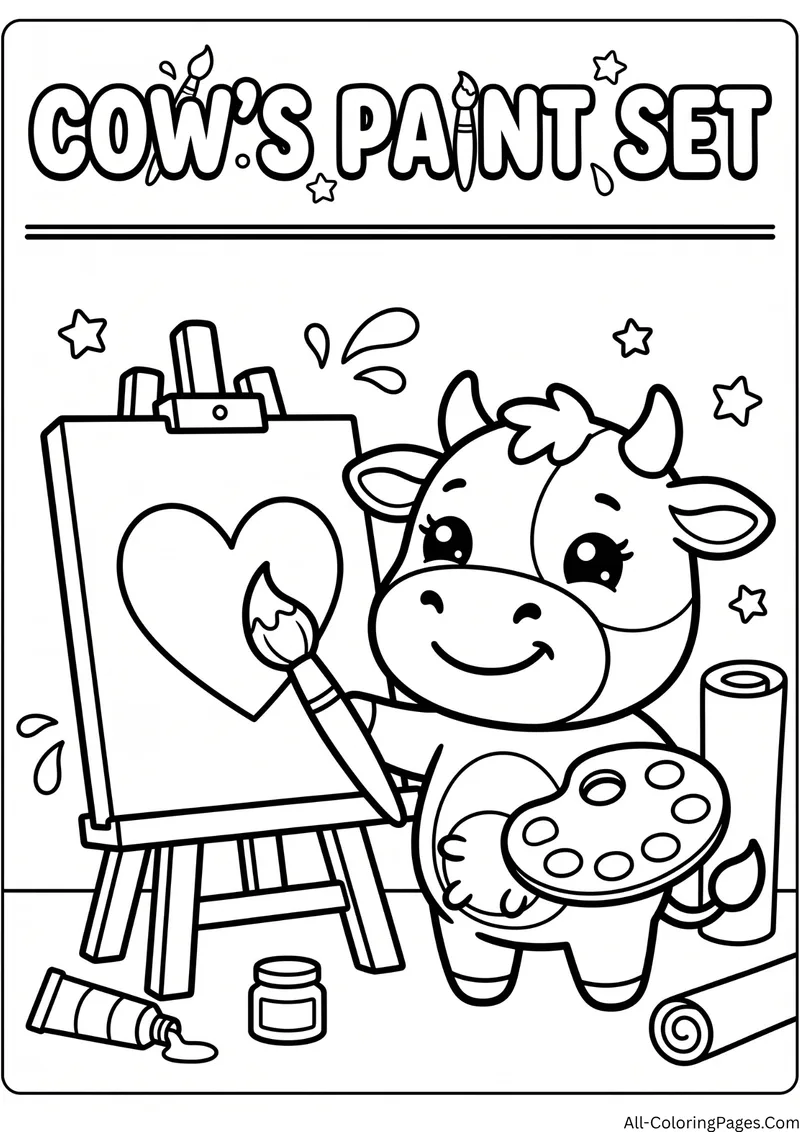 Cow painting a heart on an easel while holding a palette and brush, with the title Cow's Paint Set
