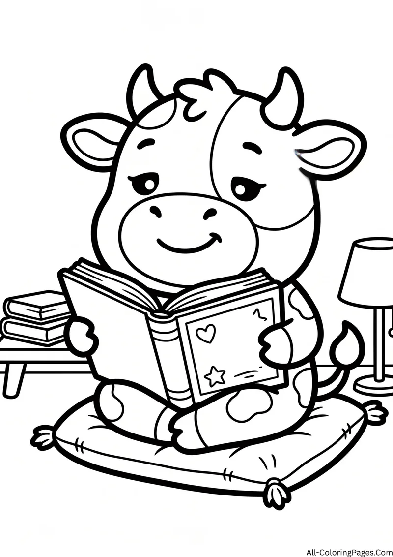 Cow sitting on a cushion reading a book beside a lamp and a stack of books