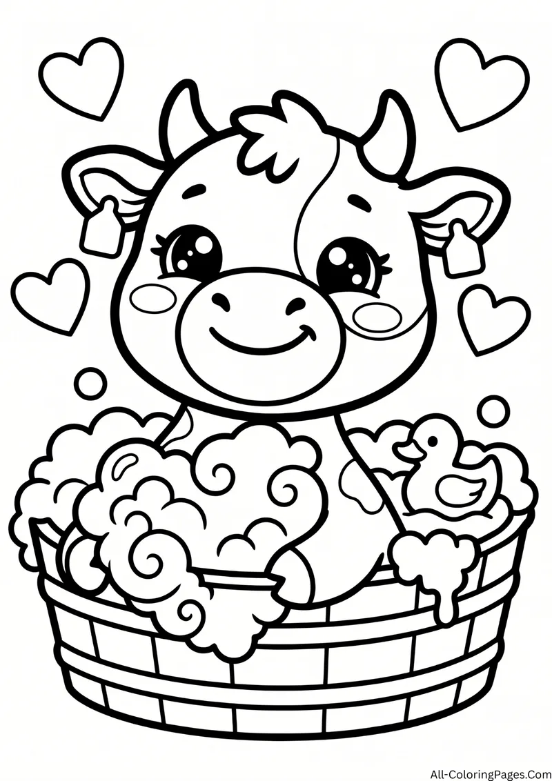 Cow in a wooden tub full of bubbles with a rubber duck and hearts