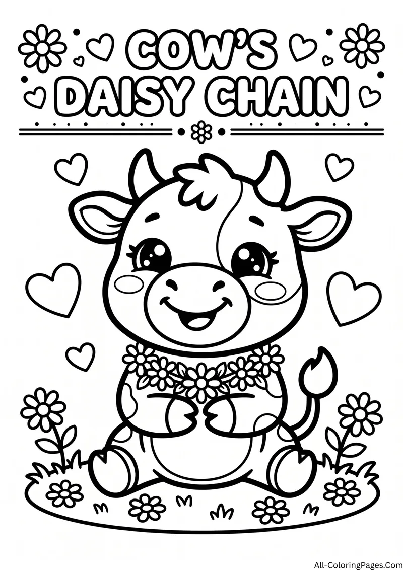 Cow sitting among daisies holding a daisy chain with hearts, with the title Cow's Daisy Chain