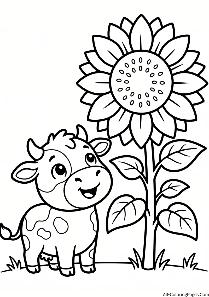 Small cow standing beside a tall sunflower on the grass