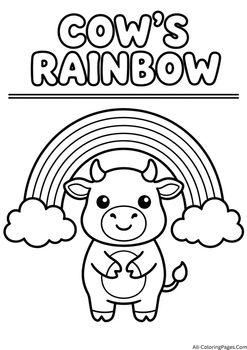 Cow standing in front of a rainbow with two clouds, with the title Cow's Rainbow