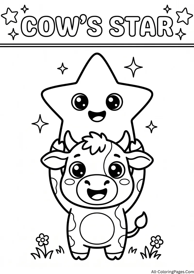 Cow holding a smiling star above its head with sparkles, with the title Cow's Star