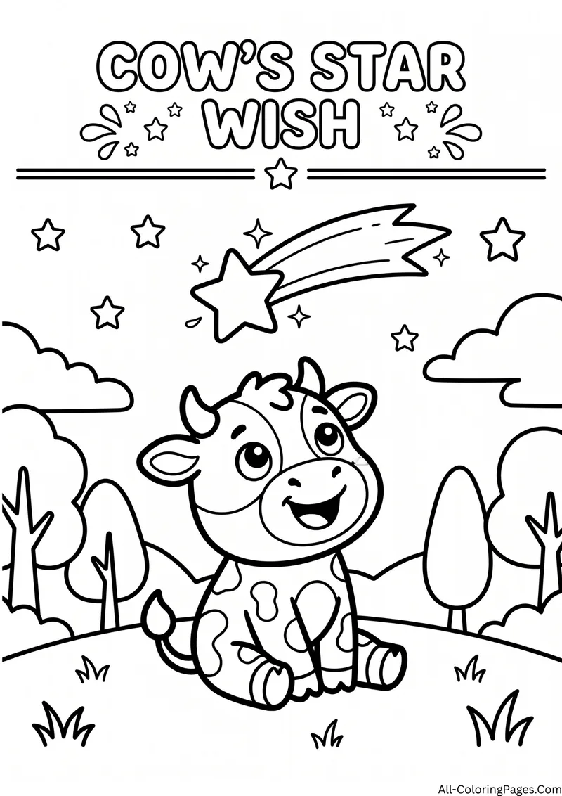 Cow sitting on a hill watching a shooting star with trees and clouds, with the title Cow's Star Wish