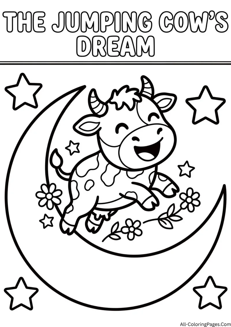 Cow jumping over a crescent moon with flowers and stars, with the title The Jumping Cow's Dream