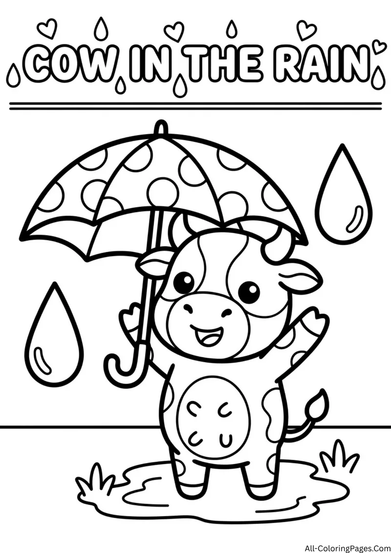 Cow holding a polka dot umbrella in the rain beside a puddle, with the title Cow in the Rain