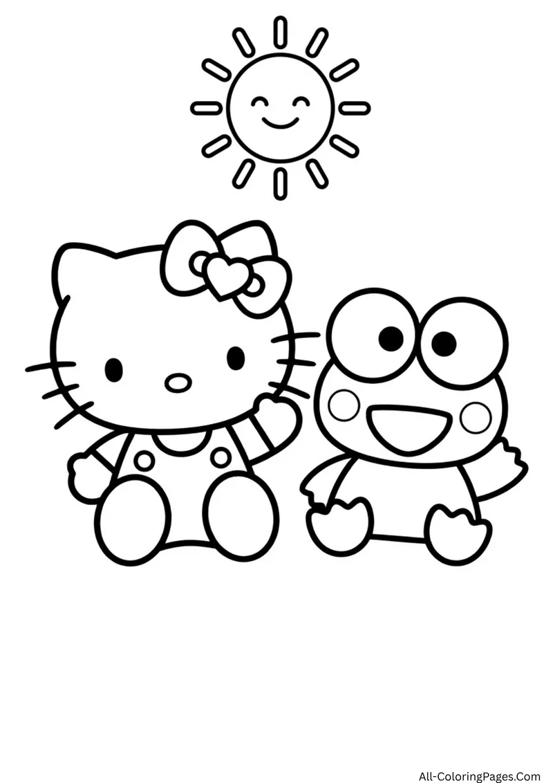 Hello Kitty sitting beside Keroppi the frog under a smiling sun