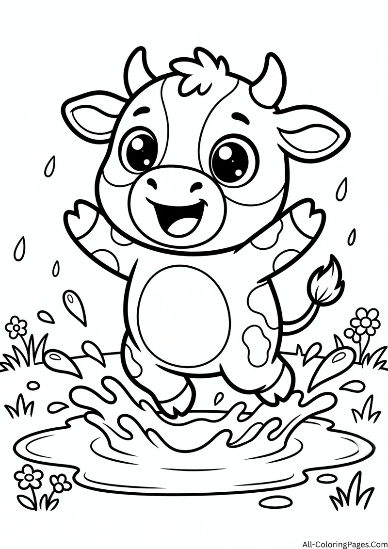 Cow jumping into a puddle with water splashing and flowers