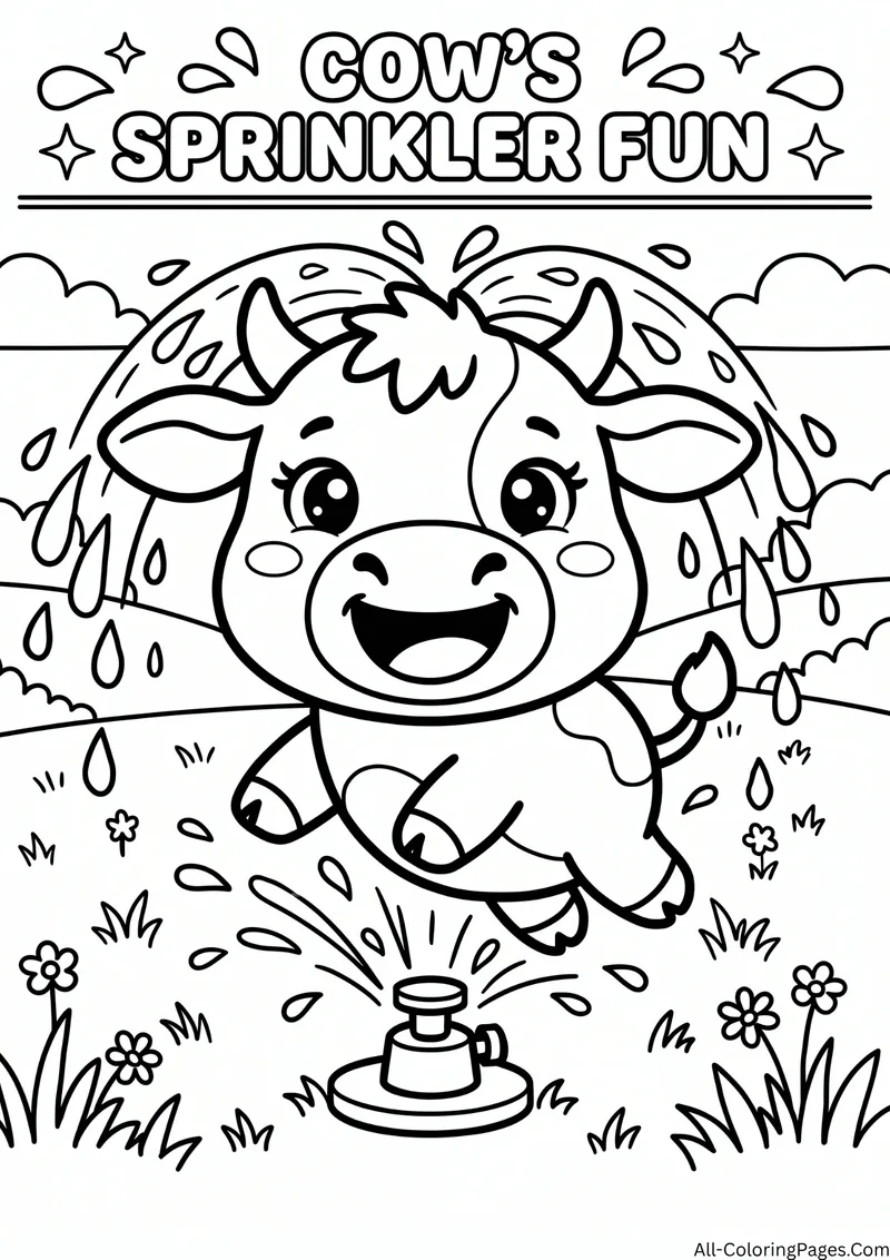 Cow jumping through water from a lawn sprinkler among flowers and grass, with the title Cow's Sprinkler Fun