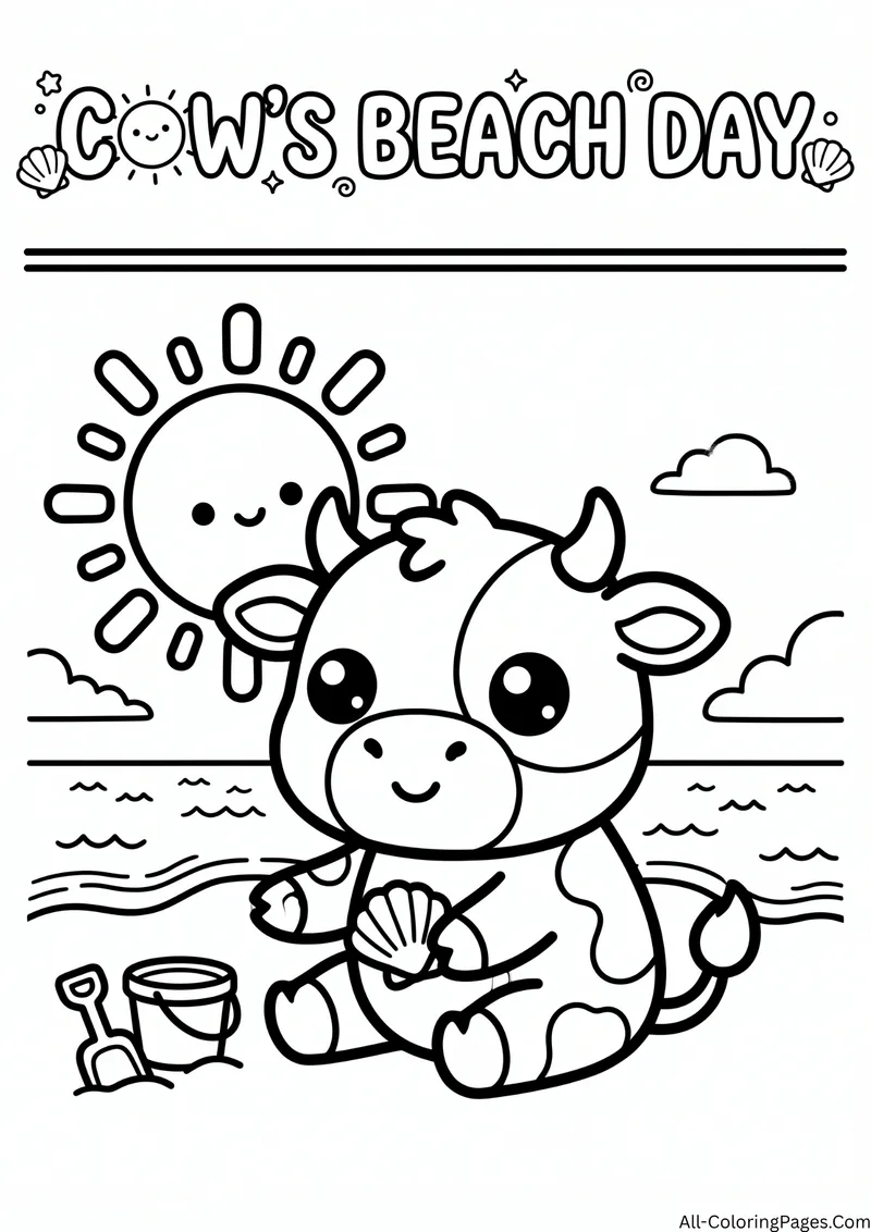 Cow sitting on the beach holding a seashell beside a bucket and spade with a smiling sun, with the title Cow's Beach Day