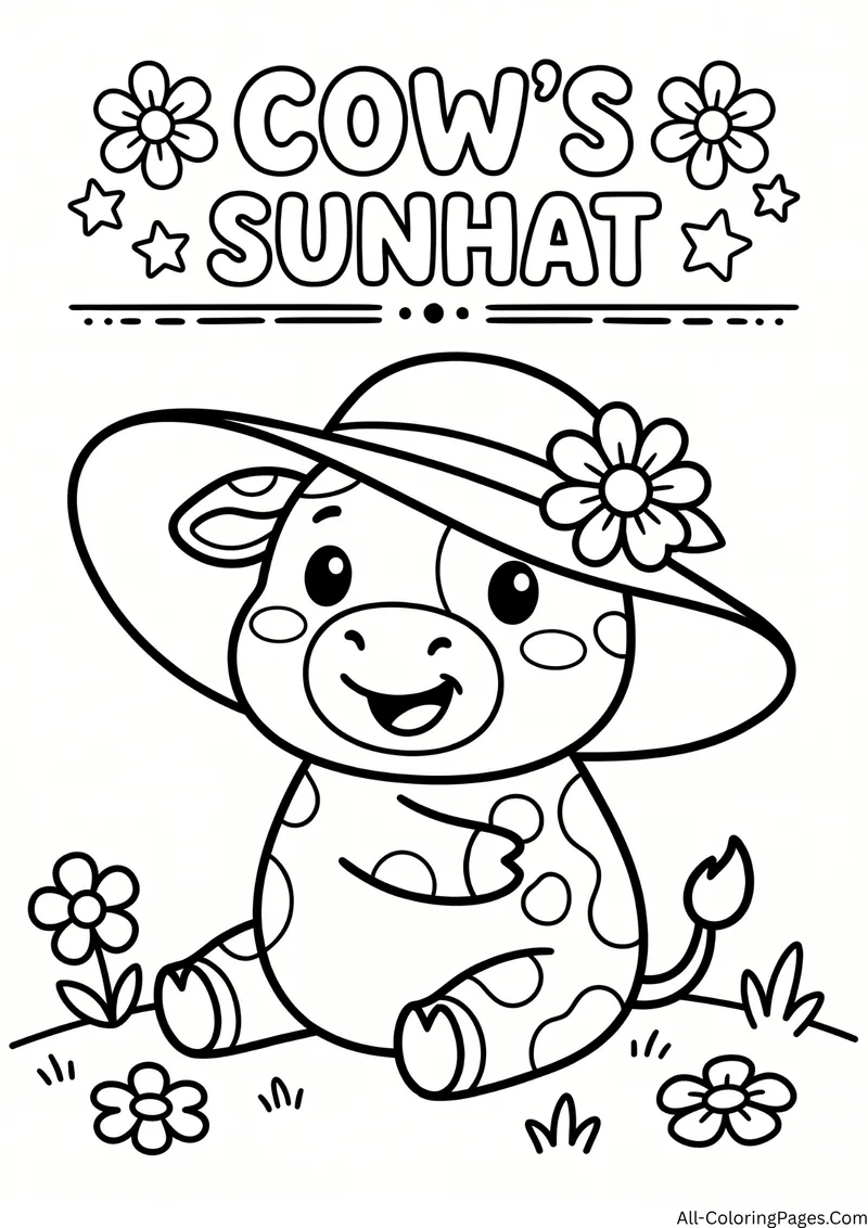 Cow wearing a large sunhat with a flower sitting among flowers, with the title Cow's Sunhat