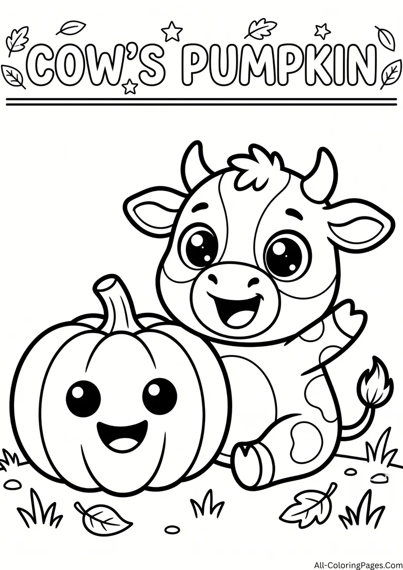 Cow sitting next to a smiling pumpkin with falling leaves, with the title Cow's Pumpkin