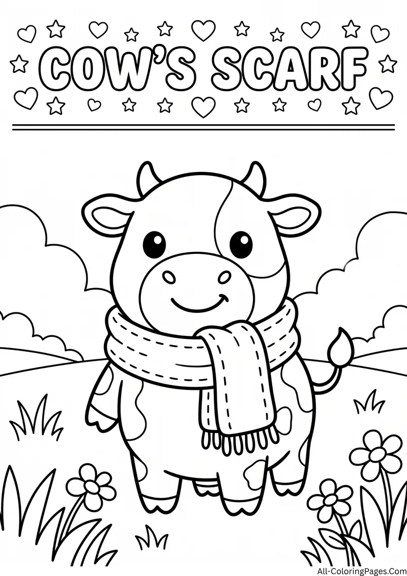 Cow wearing a knitted scarf standing in a meadow with flowers, with the title Cow's Scarf