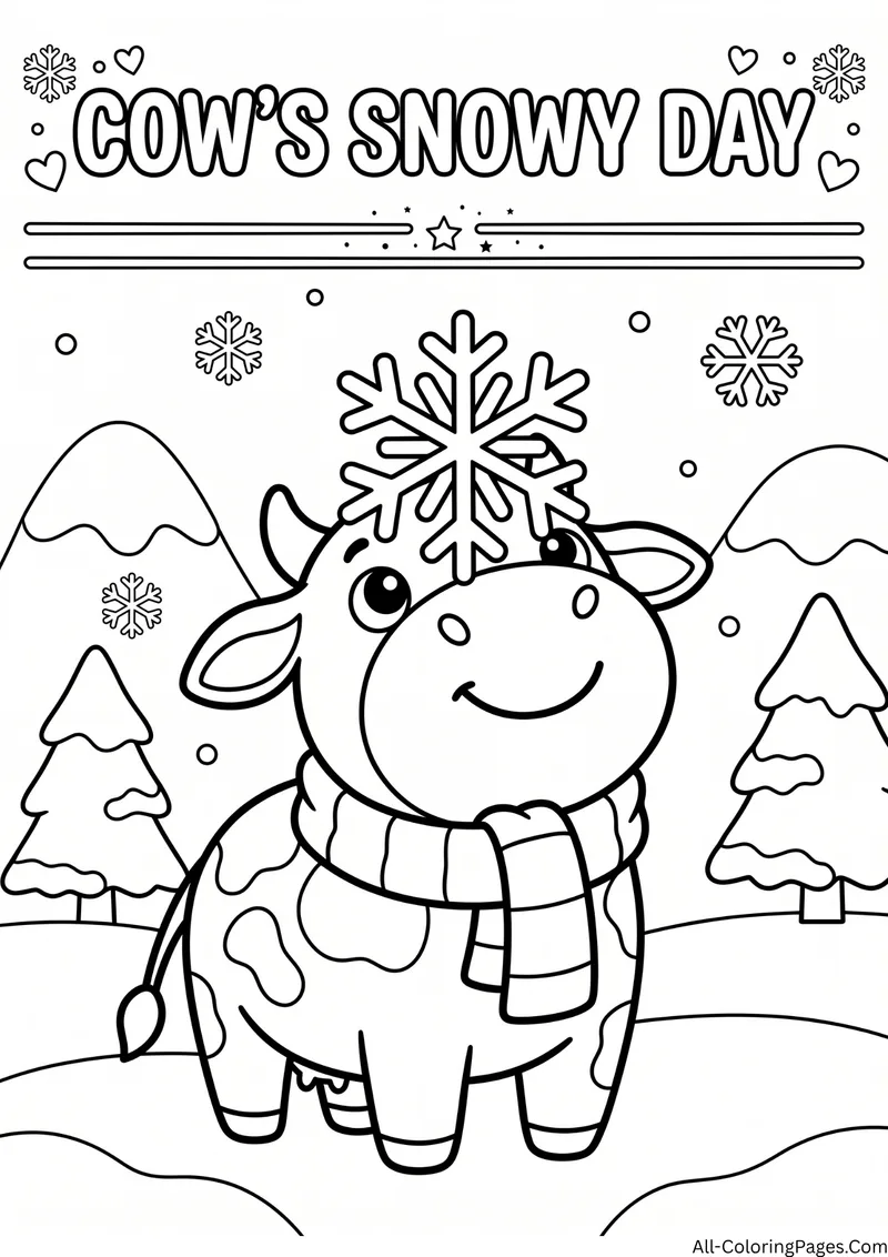 Cow wearing a striped scarf with a big snowflake among snowy pine trees, with the title Cow's Snowy Day