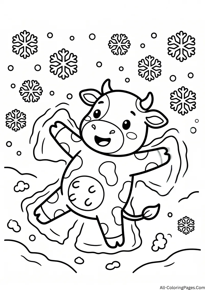 Cow lying in the snow making a snow angel with snowflakes falling